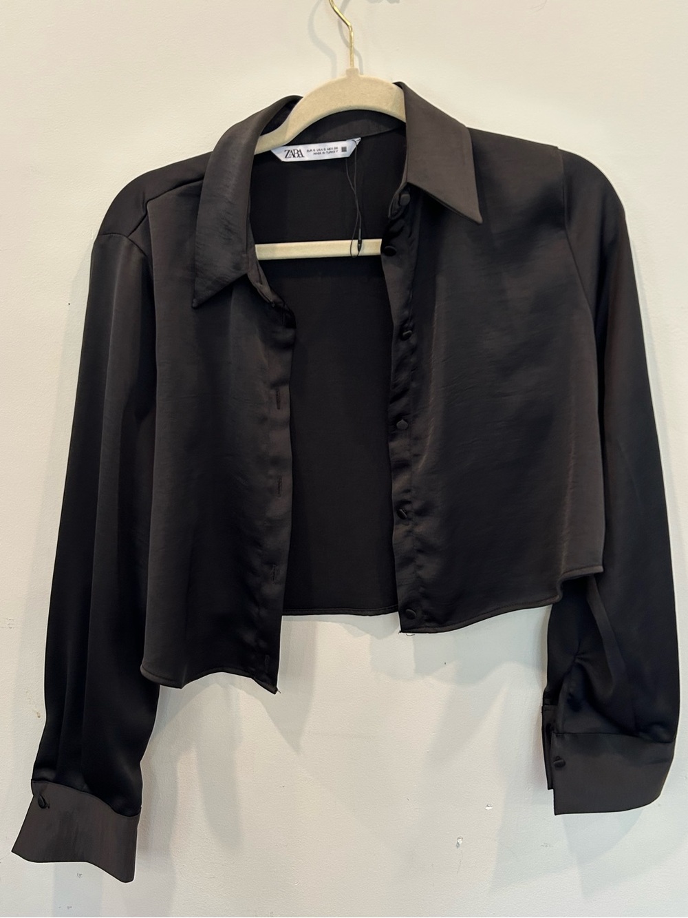 Zara Black Cropped Satin Button-Down Shirt